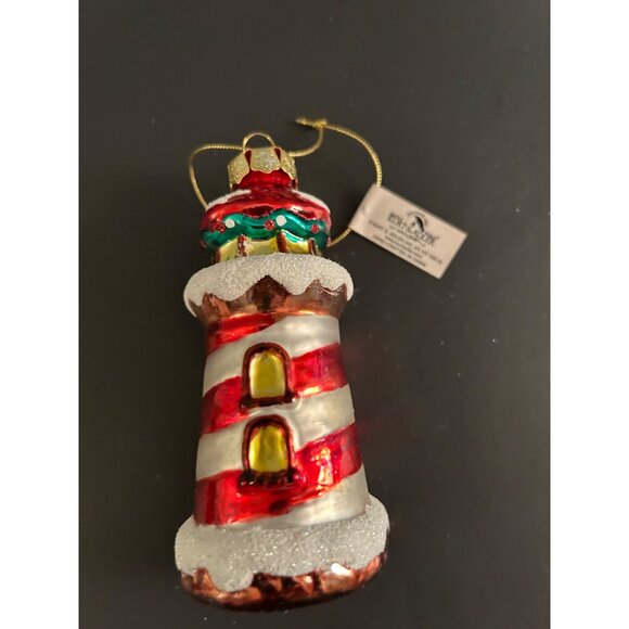Red & White Striped Lighthouse Christmas Ornament Kurt Adler Glass Holiday Decor - Picture 8 of 8